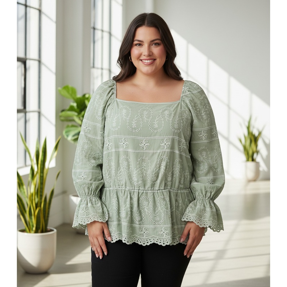Cato 18 20W Top Green Embroidered Eyelet Peplum Ruffle Peasant Cottage 2X Boho